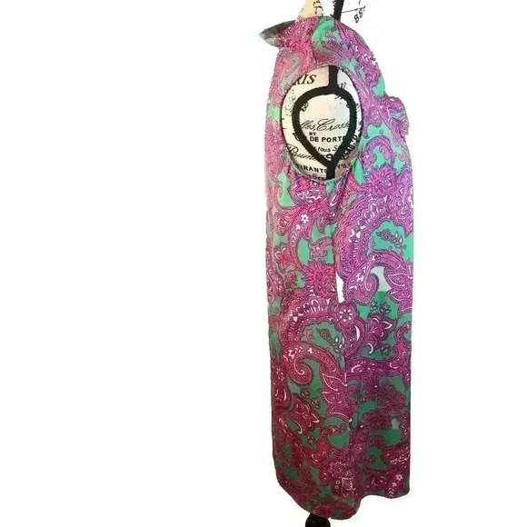 Crown & Ivy Size Small Pink And Green Paisley Sheath Dress Stretch V-Neck - Picture 3 of 5